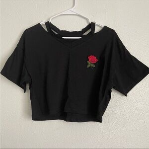 Black Crop Top with Red Rose Detail